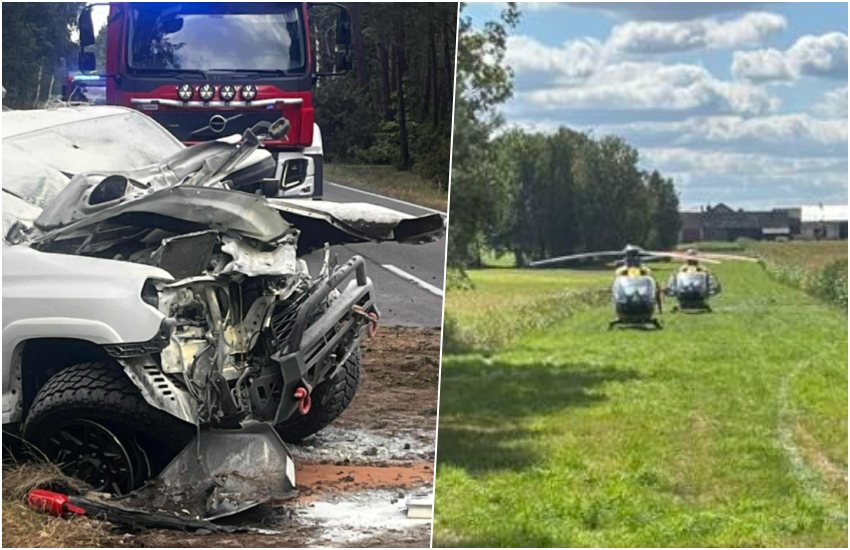 Dwa śmigłowce LPR w akcji na trasie Ciechanowiec-Nur. Poważny wypadek na granicy powiatów [foto]
