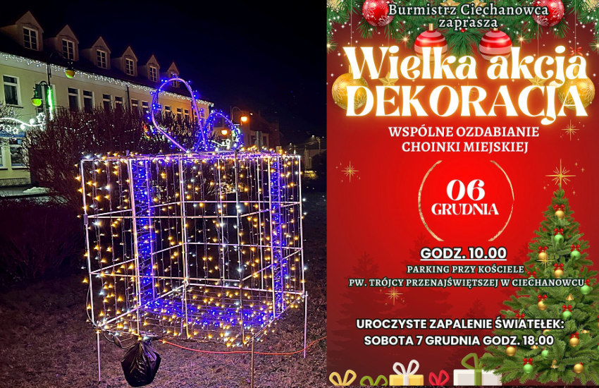 Wspólne dekorowanie i rozświetlenie choinki - świąteczne wydarzenia w Ciechanowcu