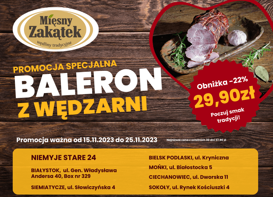Wysokie Mazowieckie: Mięsny Zakątek zaprasza smakoszy – Specjalna Promocja na Baleron z Wędzarni!