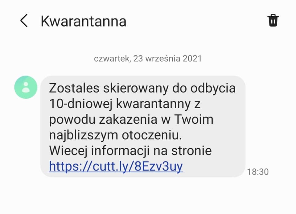 Ostrzeżenie przed fałszywymi SMS-ami od nadawcy Kwarantanna