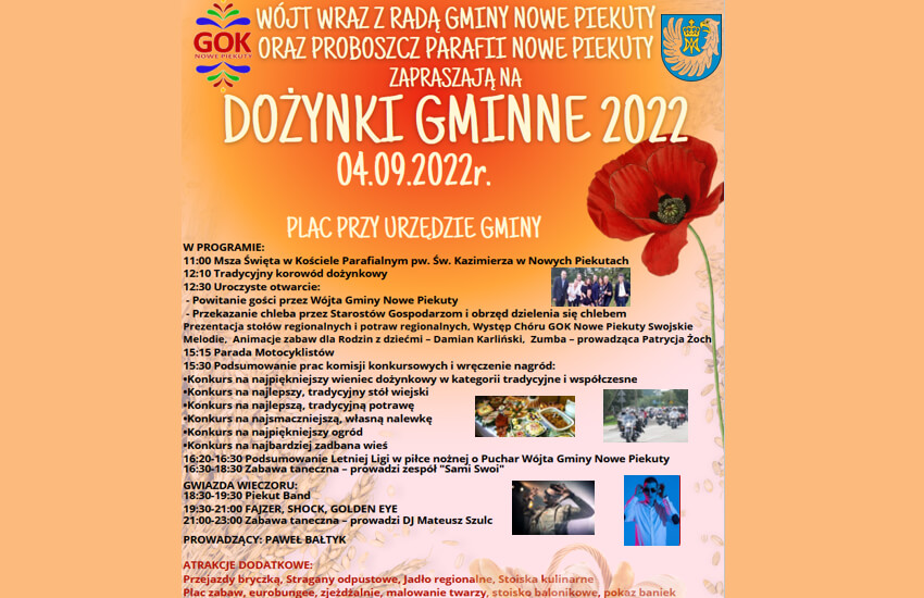 Zaproszenie na Dożynki Gminne 2022 w Nowych Piekutach