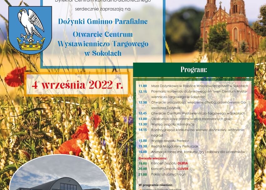 Zaproszenie na Dożynki Gminno-Parafialne oraz Otwarcie Centrum Wystawienniczo-Targowego w Sokołach