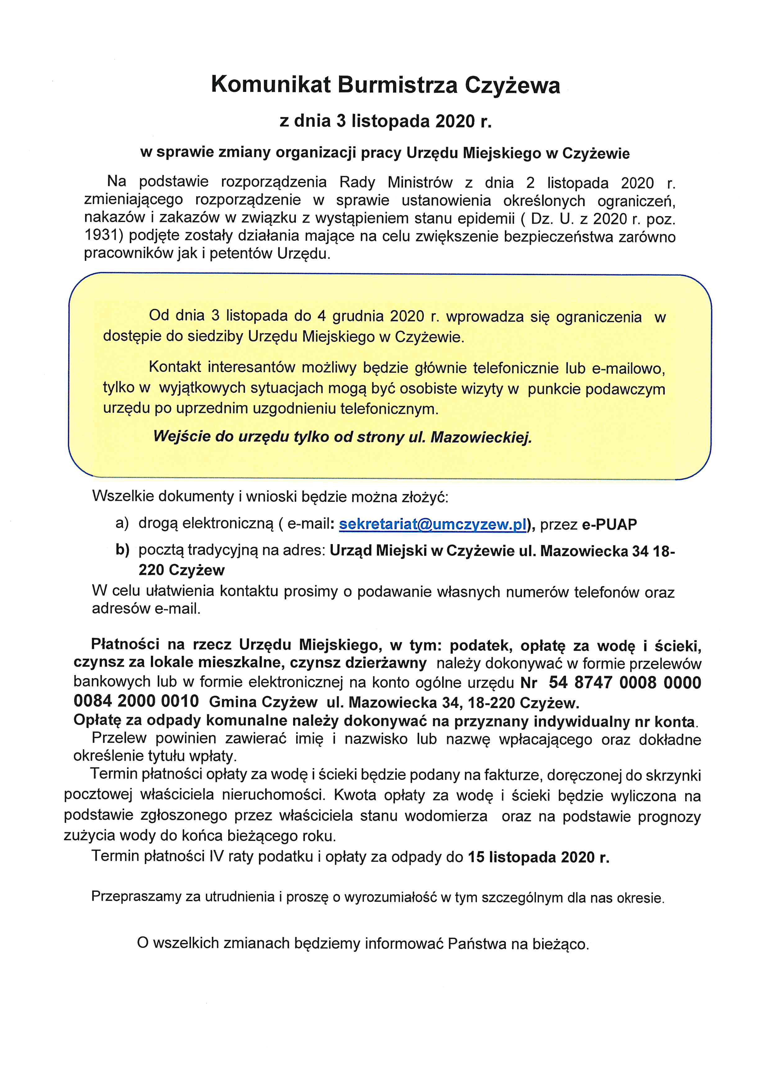 komunikat burmistrza z 3 listopada