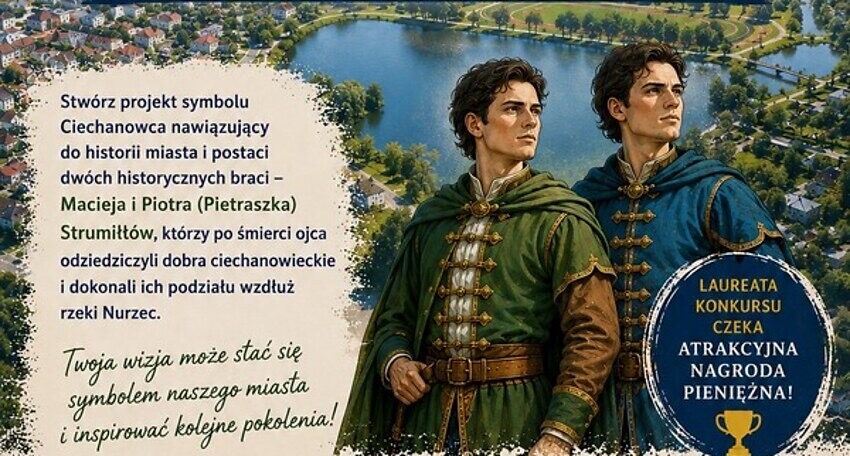 Ciechanowiec: grafika konkursowa z dwoma braćmi Strumiłłami na tle Nurca