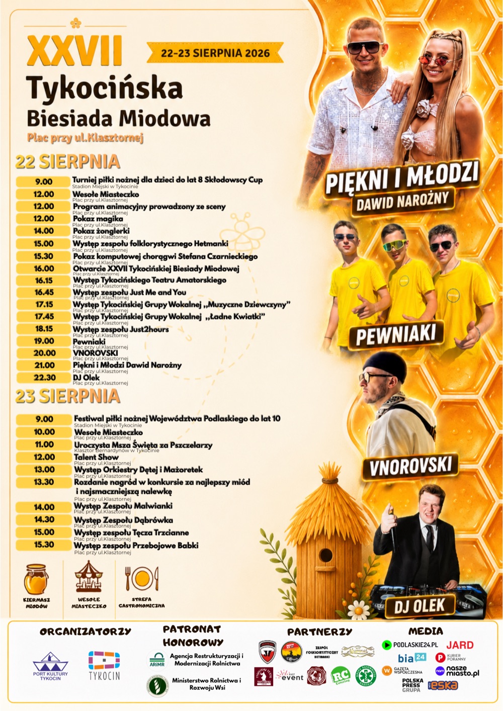 Tykocin: plakat XXVII Tykocińskiej Biesiady Miodowej z pełnym programem na 22 i 23 sierpnia 2026