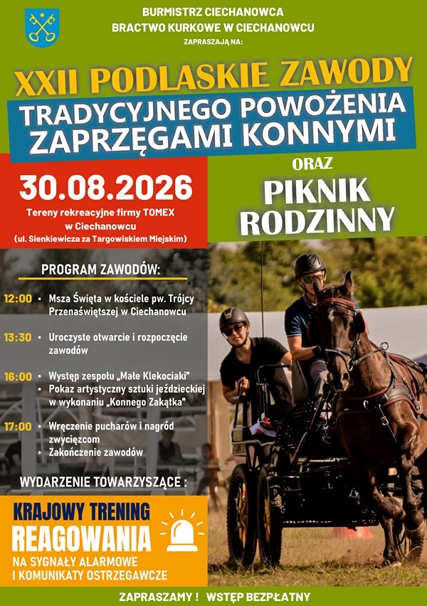 Ciechanowiec: plakat XXII Podlaskich Zawodów Tradycyjnego Powożenia Zaprzęgami Konnymi i Pikniku Rodzinnego