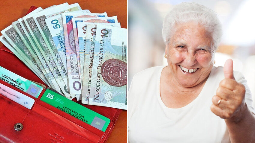 Czternasta emerytura 2026: legitymacja emeryta z banknotami i uśmiechnięta seniorka