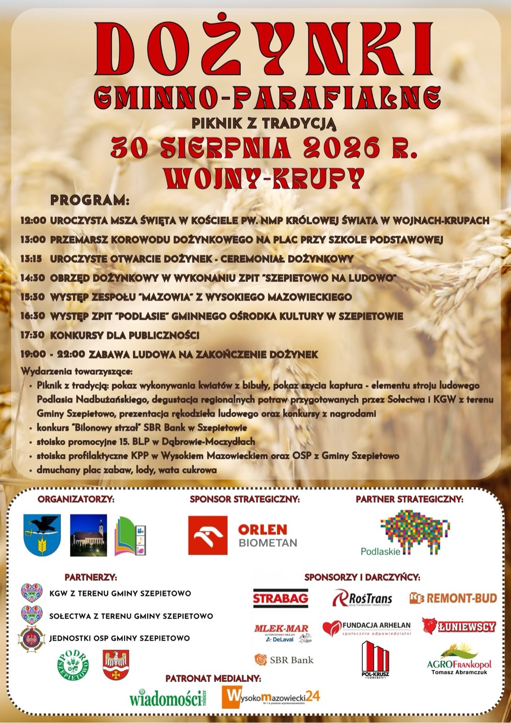Wojny-Krupy: plakat Dożynek Gminno-Parafialnych 2026 z programem