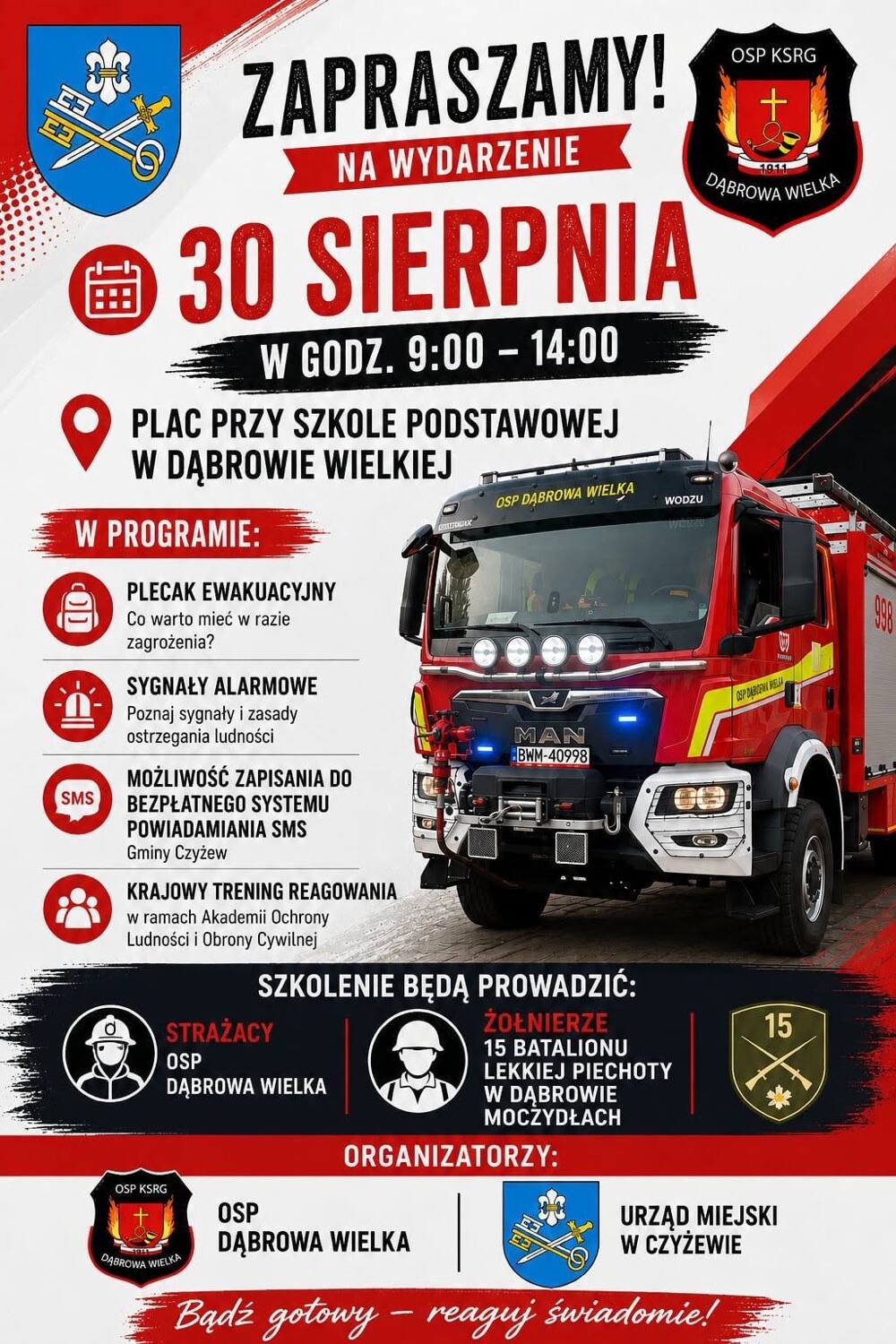 Dąbrowa Wielka: plakat zapowiadający szkolenie z ochrony ludności 30 sierpnia