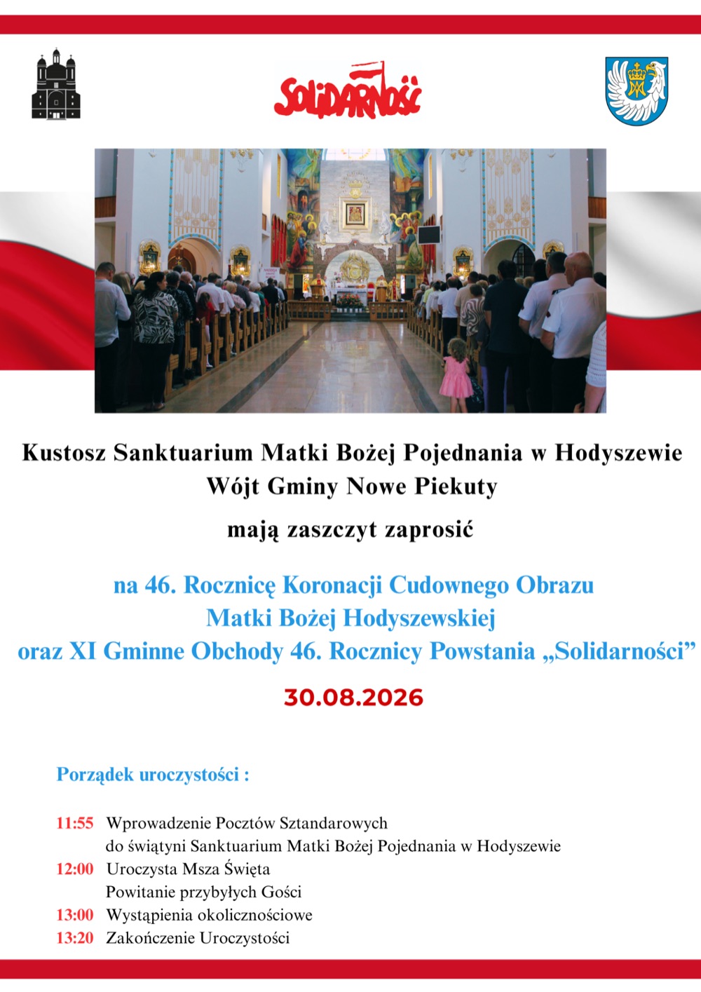 Hodyszewo: plakat zapraszający na 46. rocznicę koronacji obrazu i XI Gminne Obchody rocznicy powstania Solidarności