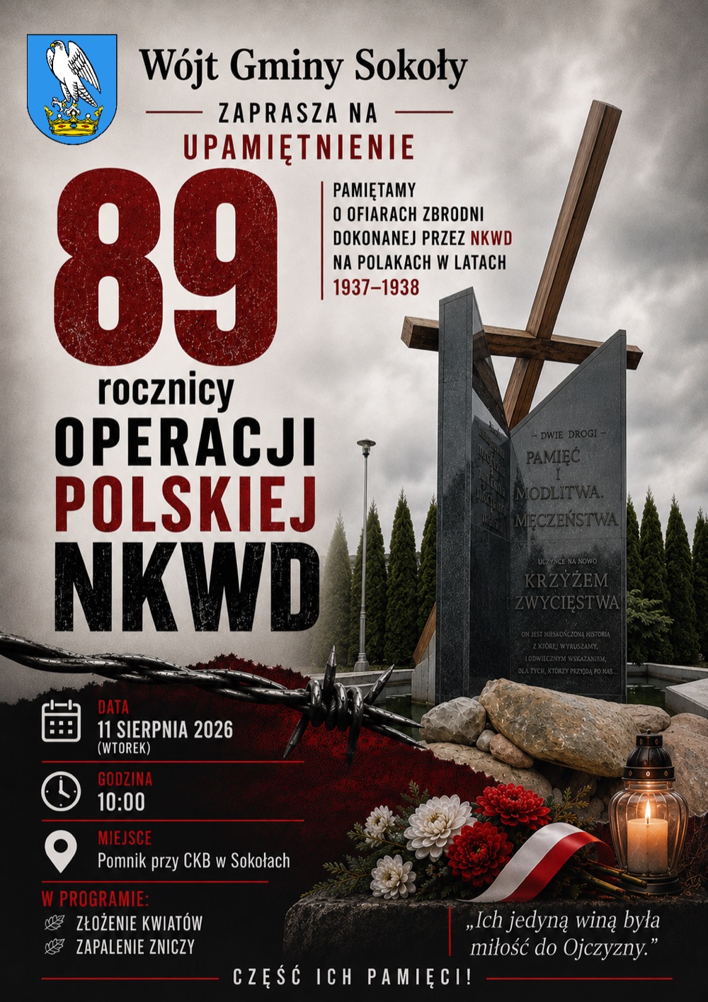 Sokoły: plakat zapraszający na upamiętnienie 89. rocznicy Operacji Polskiej NKWD 11 sierpnia 2026