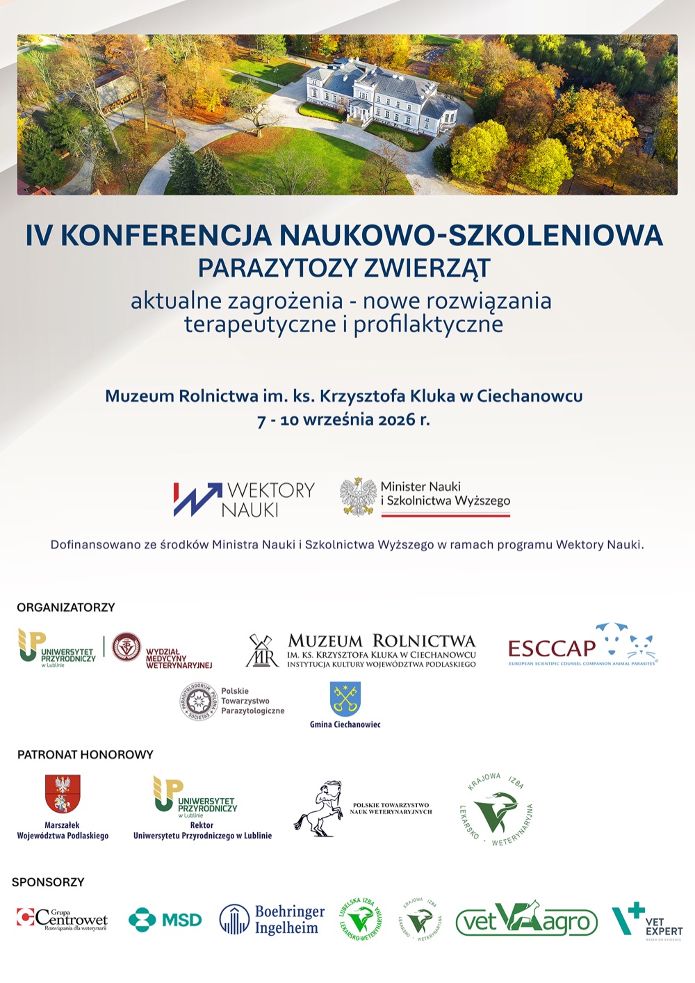 Plakat IV Konferencji Naukowo-Szkoleniowej Parazytozy zwierząt, Ciechanowiec 7-10 września 2026