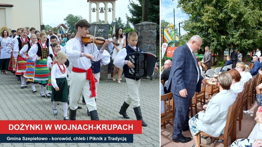 Korowód dożynkowy w Wojnach-Krupach i dzielenie się chlebem podczas dożynek gminy Szepietowo