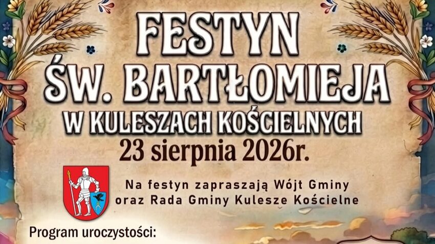 Kulesze Kościelne: plakat festynu św. Bartłomieja 23 sierpnia 2026