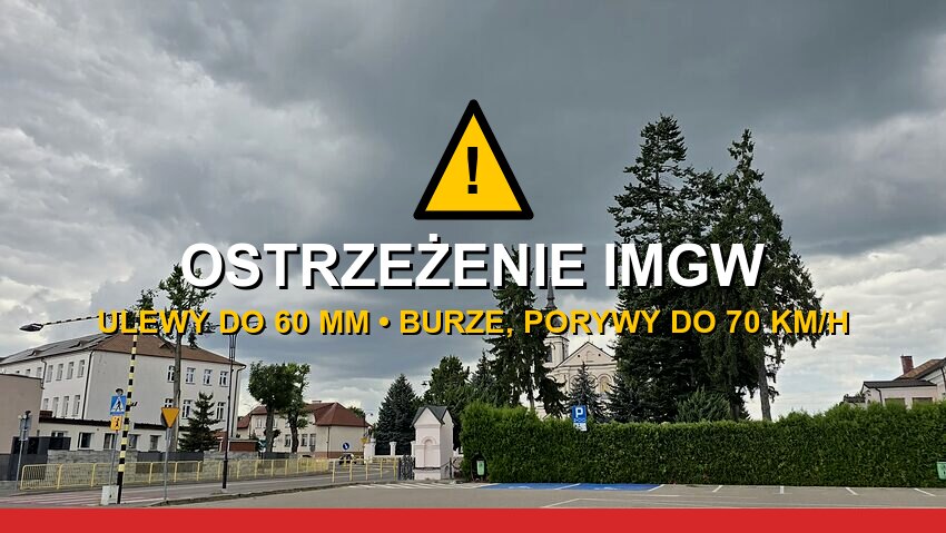 Wysokie Mazowieckie: ciemne chmury burzowe nad centrum miasta, ostrzeżenie IMGW przed silnym deszczem z burzami