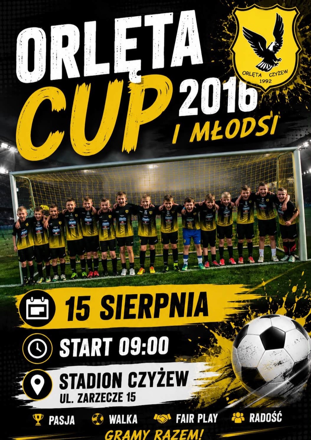 Czyżew: plakat turnieju Orlęta Cup 2016 i młodsi, 15 sierpnia