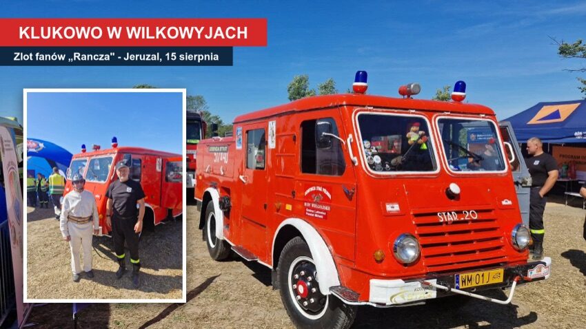 Zabytkowy wóz strażacki i druhowie na zlocie fanów serialu Ranczo w Jeruzalu