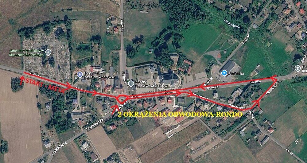 Kulesze Kościelne: mapa trasy I Parady Traktorów - start przy cmentarzu, dwa okrążenia ulicami Obwodową i Główną