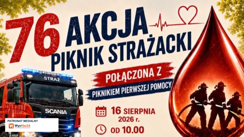 Wyszonki Kościelne: plakat Pikniku Strażackiego i 76. Akcji Krwiodawstwa 16 sierpnia 2026