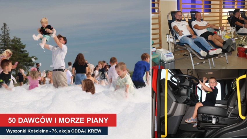 Wyszonki Kościelne: dzieci w pianie, krwiodawcy i chłopiec w wozie strażackim podczas pikniku OSP