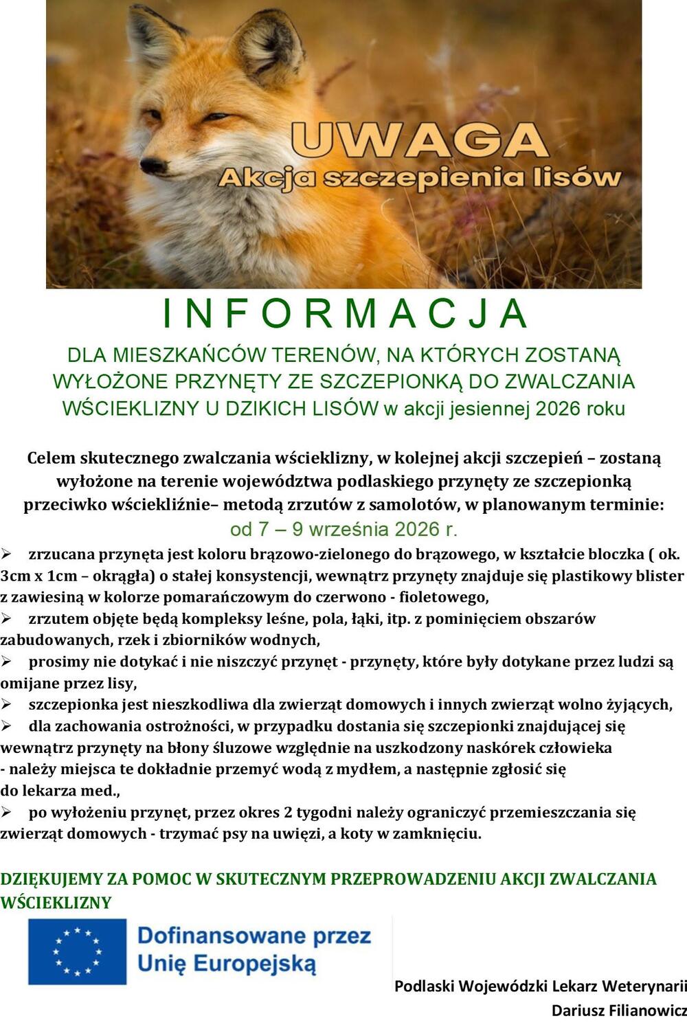 Komunikat o wykładaniu przynęt ze szczepionką przeciw wściekliźnie w województwie podlaskim w dniach 7-9 września 2026 roku