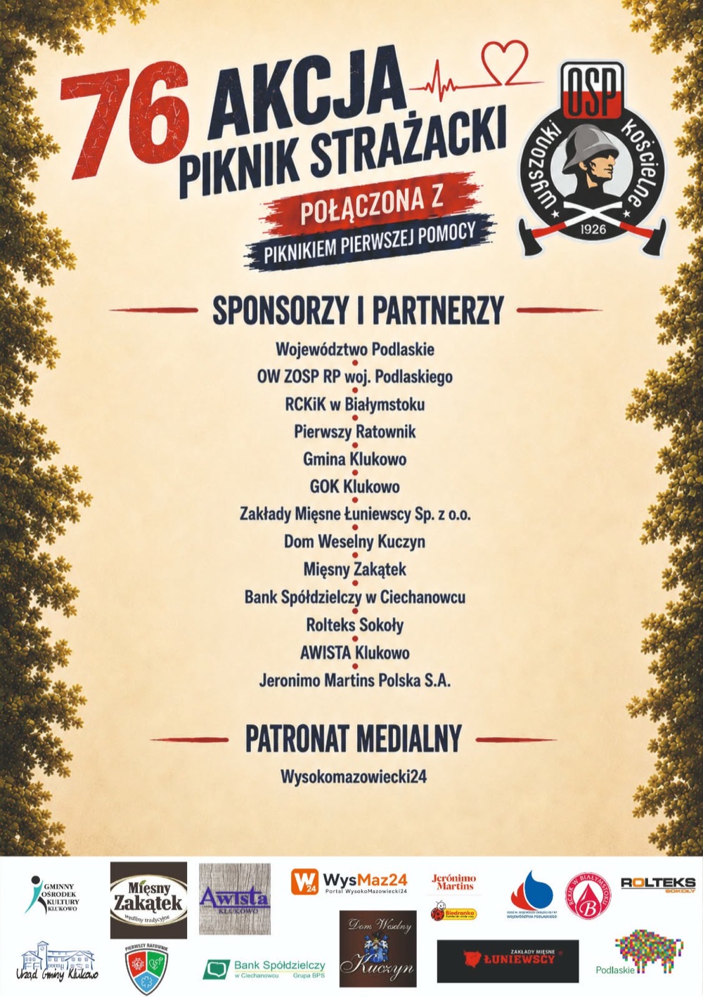 Wyszonki Kościelne: plakat z listą sponsorów i partnerów 76. Akcji Krwiodawstwa i Pikniku Strażackiego