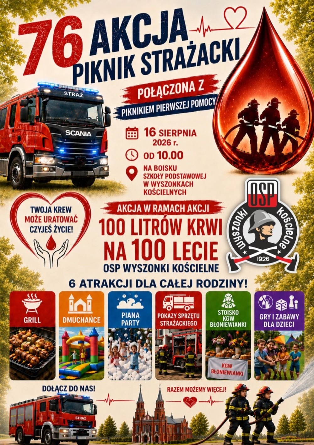 Wyszonki Kościelne: plakat Pikniku Strażackiego i 76. Akcji Krwiodawstwa 16 sierpnia 2026