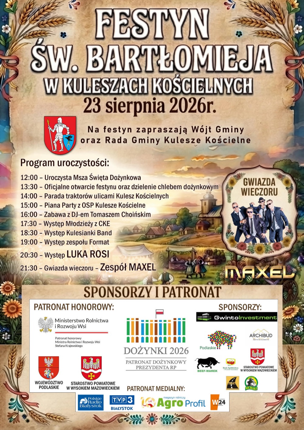 Kulesze Kościelne: plakat festynu św. Bartłomieja 23 sierpnia 2026