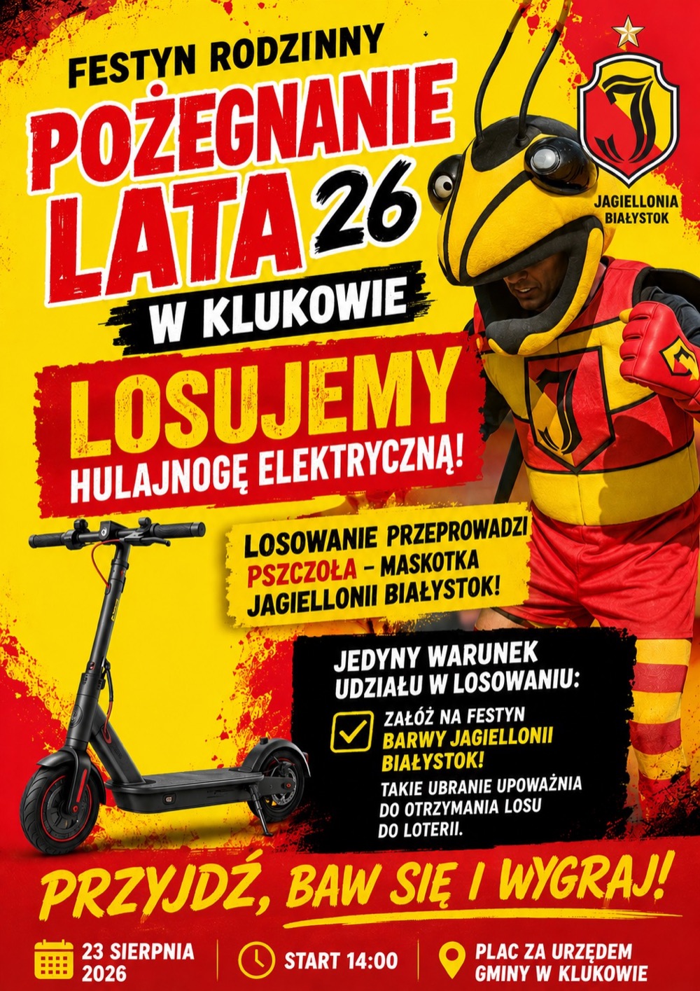 Plakat loterii z hulajnogą elektryczną na festynie Pożegnanie Lata w Klukowie, 23 sierpnia 2026