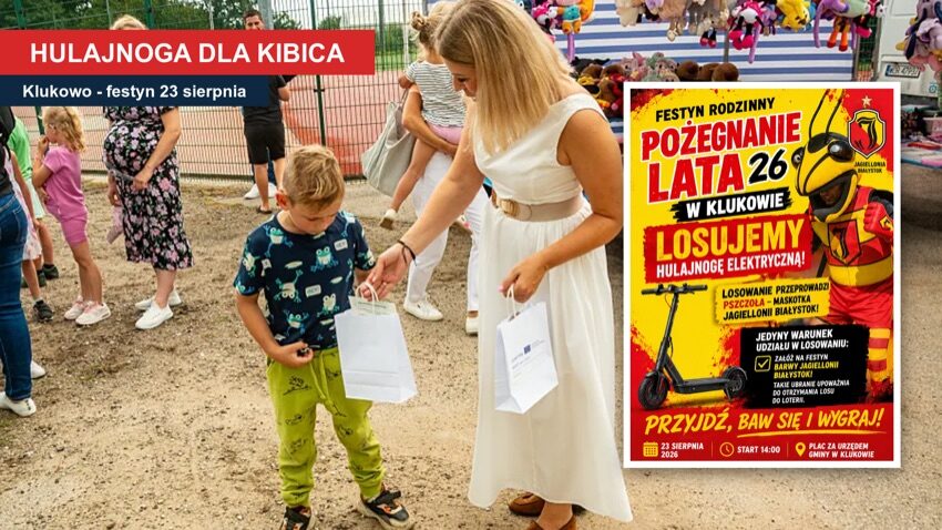 Klukowo: stoisko z nagrodami podczas festynu Pożegnanie Lata i plakat loterii z hulajnogą elektryczną