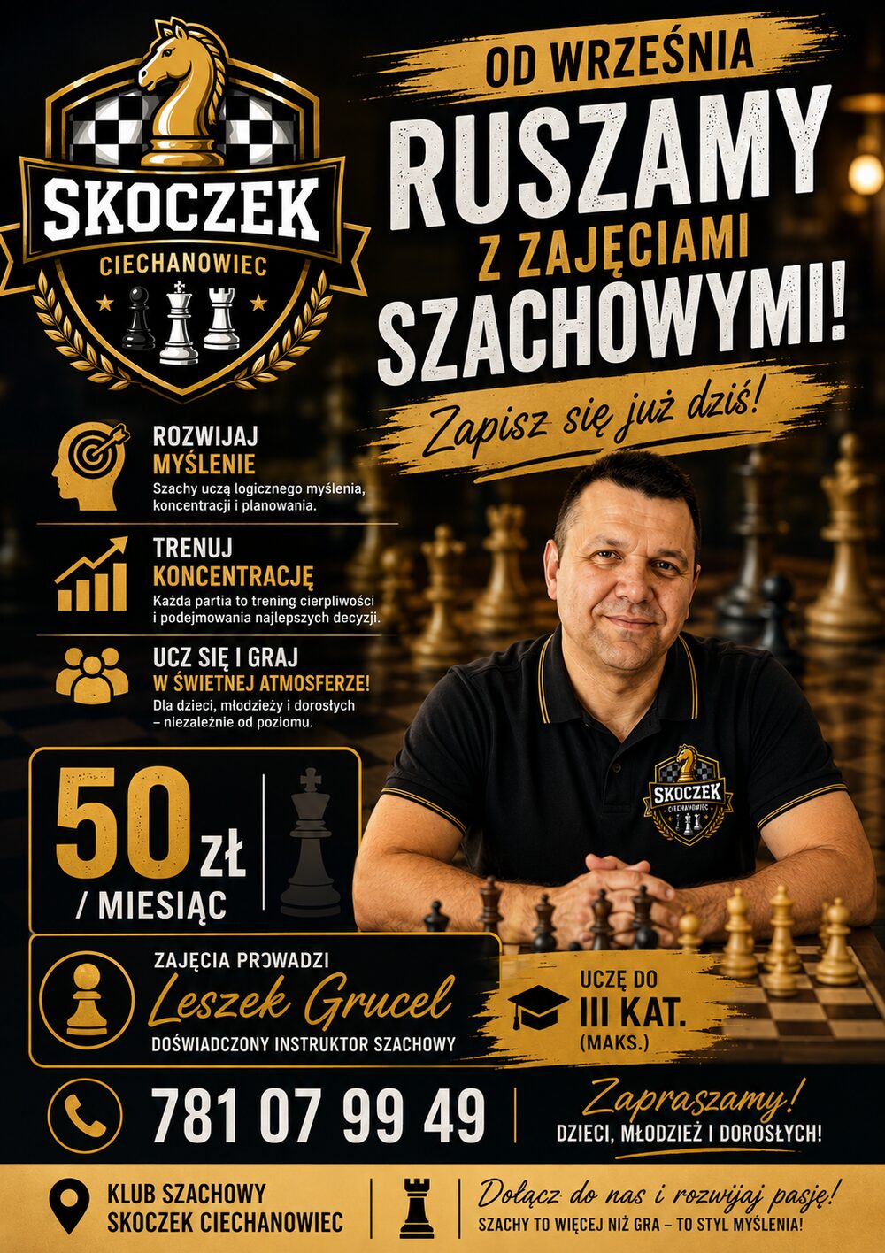 Ciechanowiec: plakat Klubu Szachowego Skoczek zapraszający na zajęcia szachowe od września, 50 zł za miesiąc