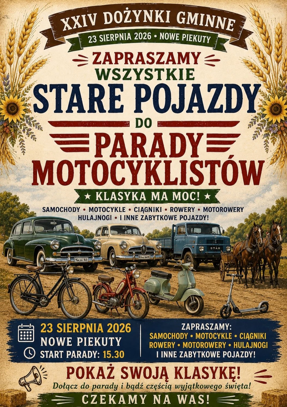 Nowe Piekuty: plakat zaproszenia na paradę starych pojazdów podczas XXIV Dożynek Gminnych