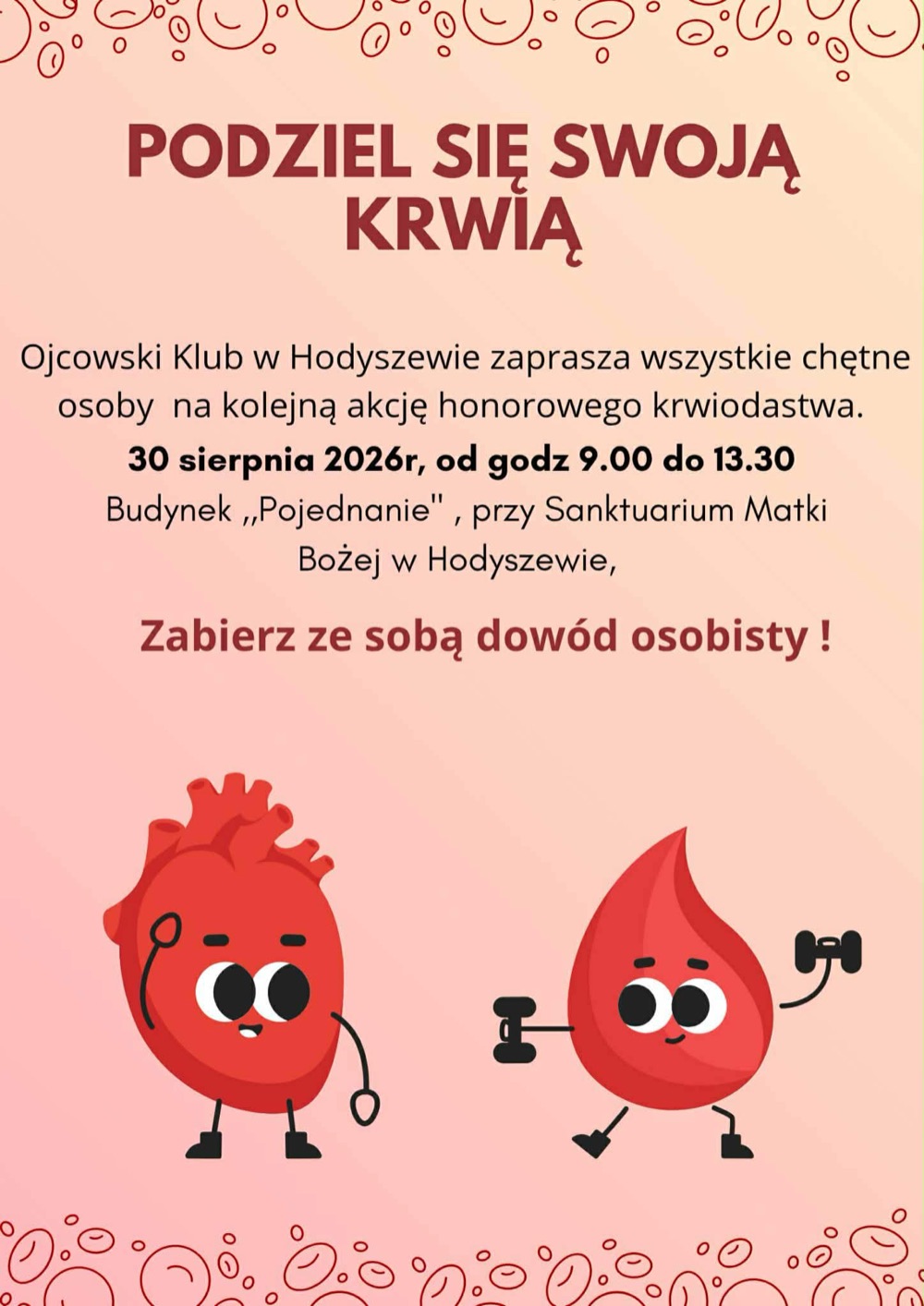 Hodyszewo: plakat akcji honorowego krwiodawstwa 30 sierpnia 2026