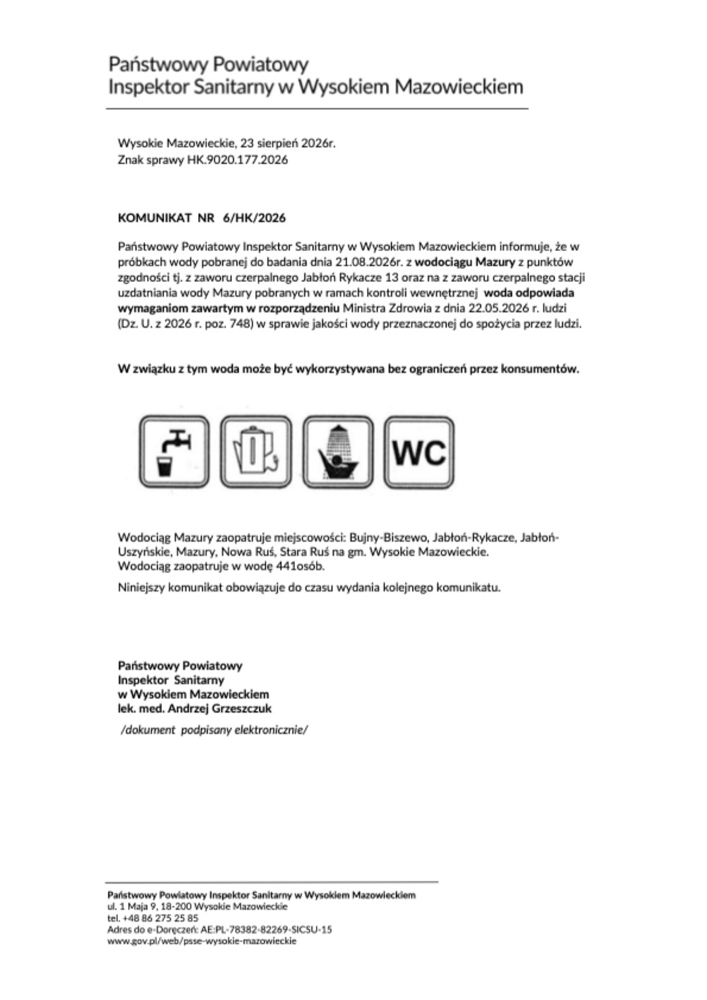 Komunikat nr 6 Państwowego Powiatowego Inspektora Sanitarnego w Wysokiem Mazowieckiem o przydatności wody z wodociągu Mazury