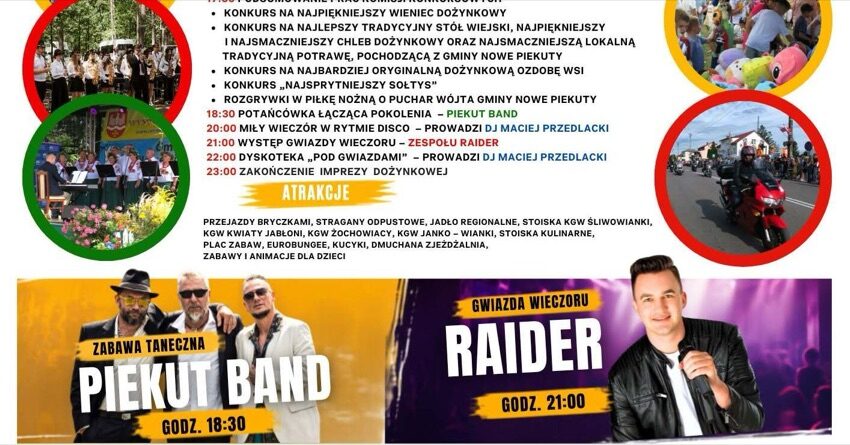 Nowe Piekuty: plakat XXIV Dożynek Gminnych - Piekut Band i zespół Raider