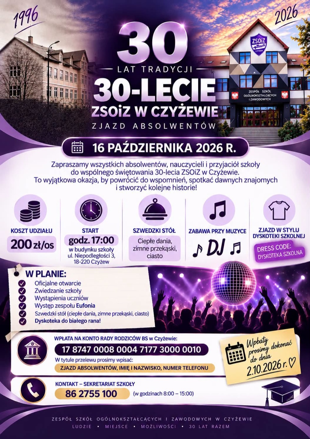 Plakat zjazdu absolwentów z okazji 30-lecia ZSOiZ w Czyżewie