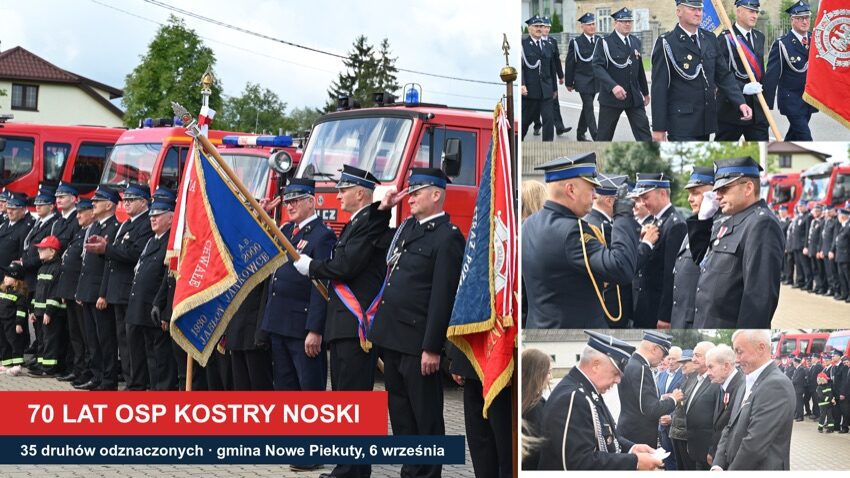 Poczty sztandarowe i wozy bojowe przed remizą OSP Kostry Noski podczas obchodów 70-lecia jednostki