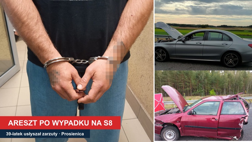 Zatrzymany kierowca w kajdankach oraz rozbite mercedes i seat po wypadku na drodze S8