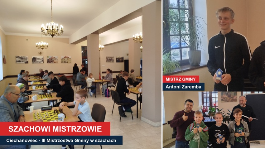 Ciechanowiec: zawodnicy przy szachownicach i dekoracja zwycięzców III Mistrzostw Gminy w szachach w COKiS