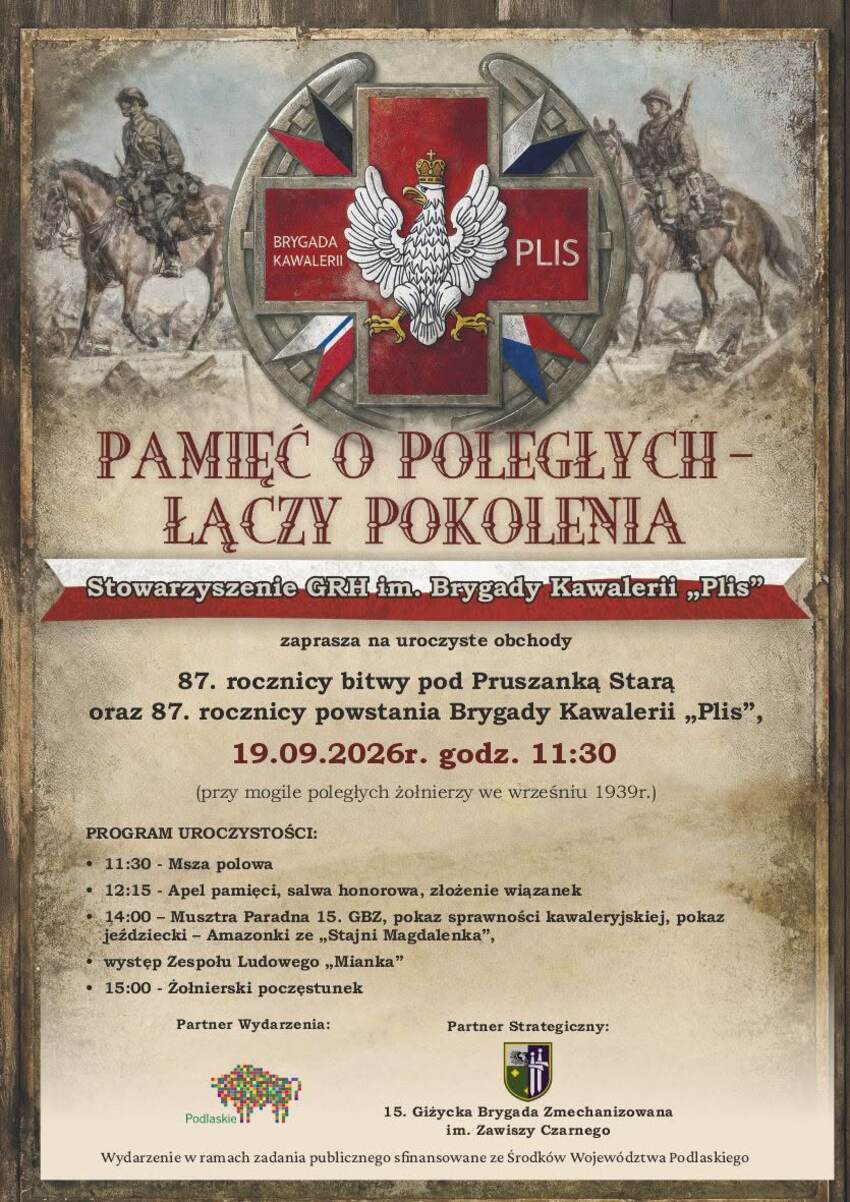 Plakat uroczystości 87. rocznicy bitwy pod Pruszanką Starą z programem godzinowym