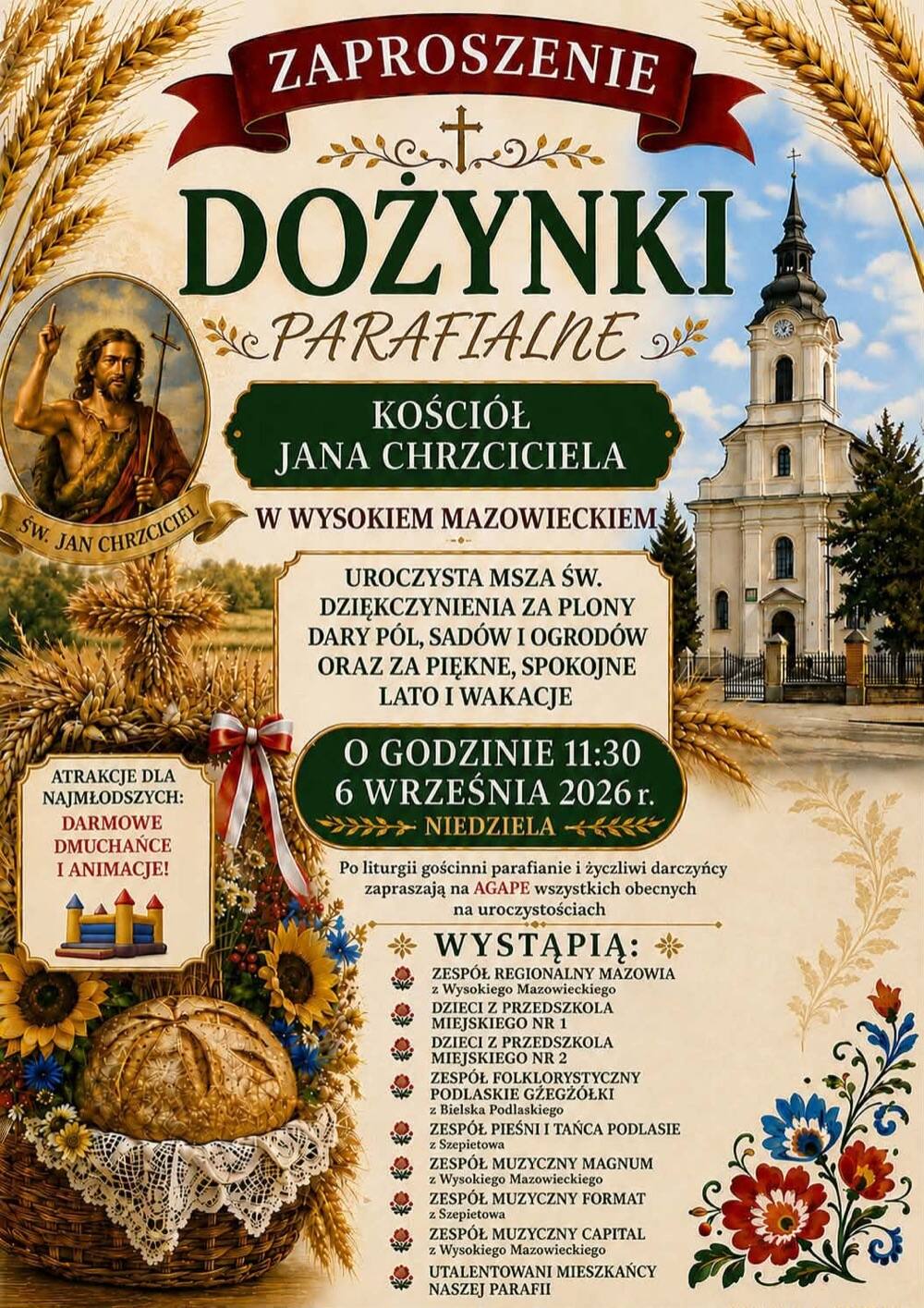 Plakat zapraszający na dożynki parafialne w kościele św. Jana Chrzciciela w Wysokiem Mazowieckiem 6 września 2026