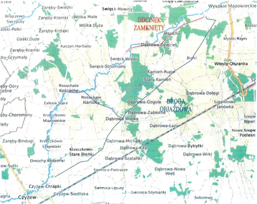 Mapa objazdu drogi Wysokie Mazowieckie - Święck Wielki przez Dąbrowę Wielką