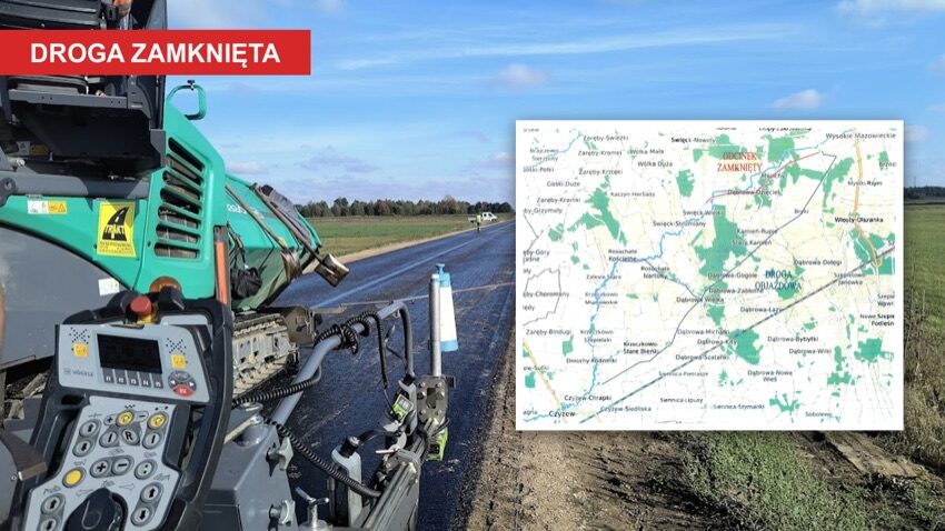 Rozściełacz firmy TRAKT przy układaniu asfaltu i mapa objazdu drogi Wysokie Mazowieckie - Święck Wielki