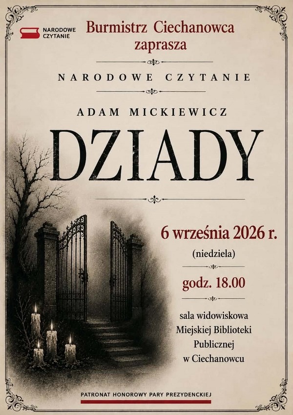 Plakat Narodowego Czytania w Miejskiej Bibliotece Publicznej w Ciechanowcu, 6 września 2026
