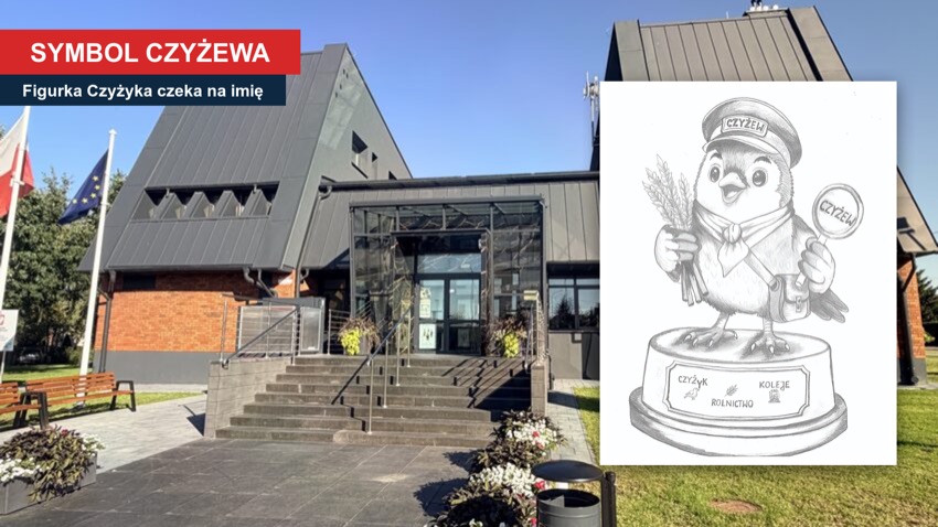 Czyżew: projekt figurki Czyżyka na tle Urzędu Miejskiego w Czyżewie