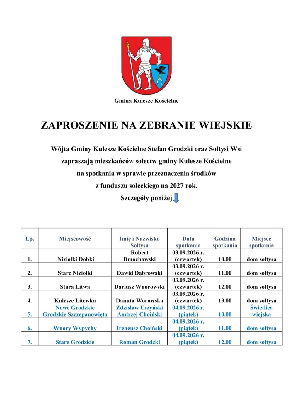 Zaproszenie na zebrania wiejskie w gminie Kulesze Kościelne z terminarzem spotkań