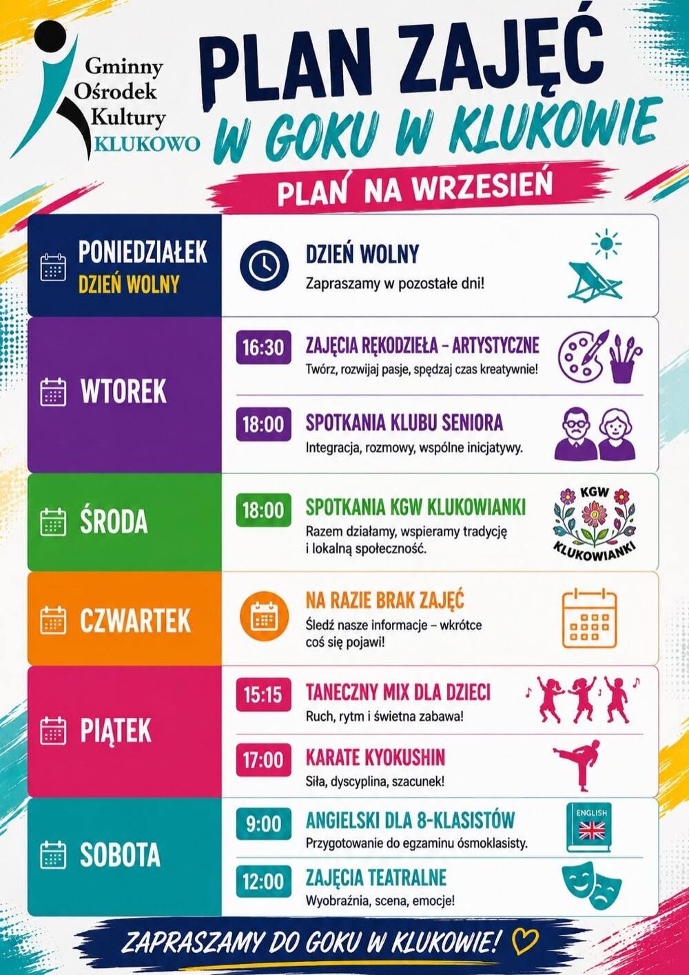 Klukowo: plan zajęć Gminnego Ośrodka Kultury na wrzesień 2026
