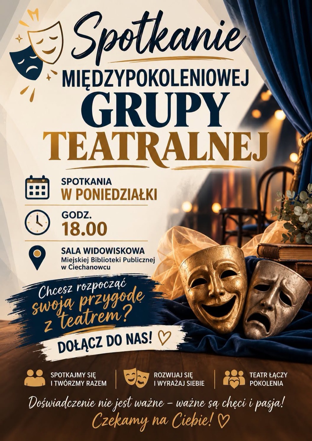 Plakat zapraszający na spotkania Międzypokoleniowej Grupy Teatralnej w Ciechanowcu