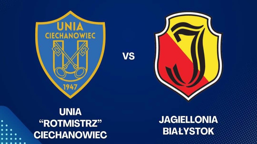 Herby Unii Ciechanowiec i Jagiellonii Białystok przed meczem juniorów A1 w Ciechanowcu