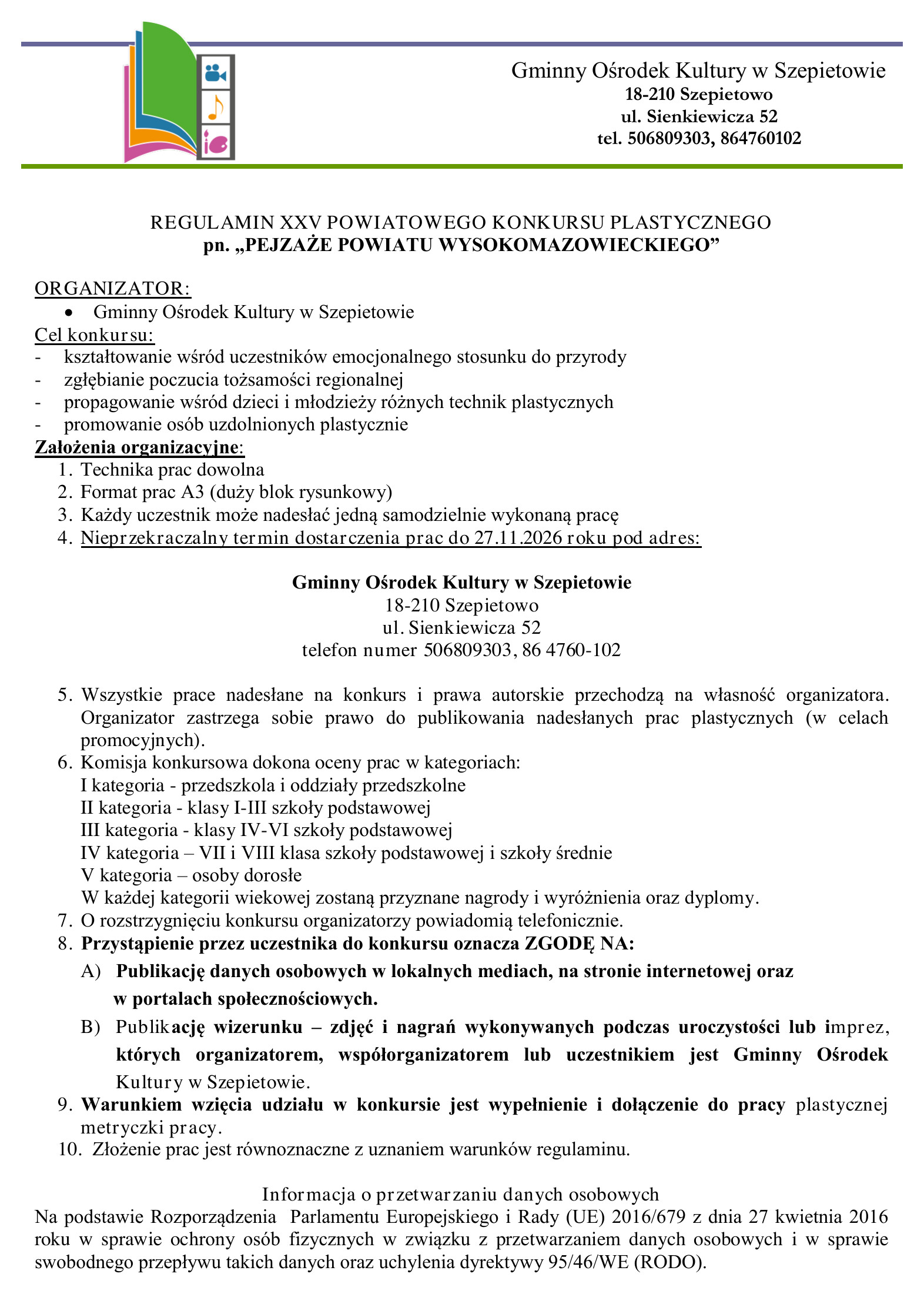 Regulamin XXV Powiatowego Konkursu Plastycznego „Pejzaże Powiatu Wysokomazowieckiego” - strona 1